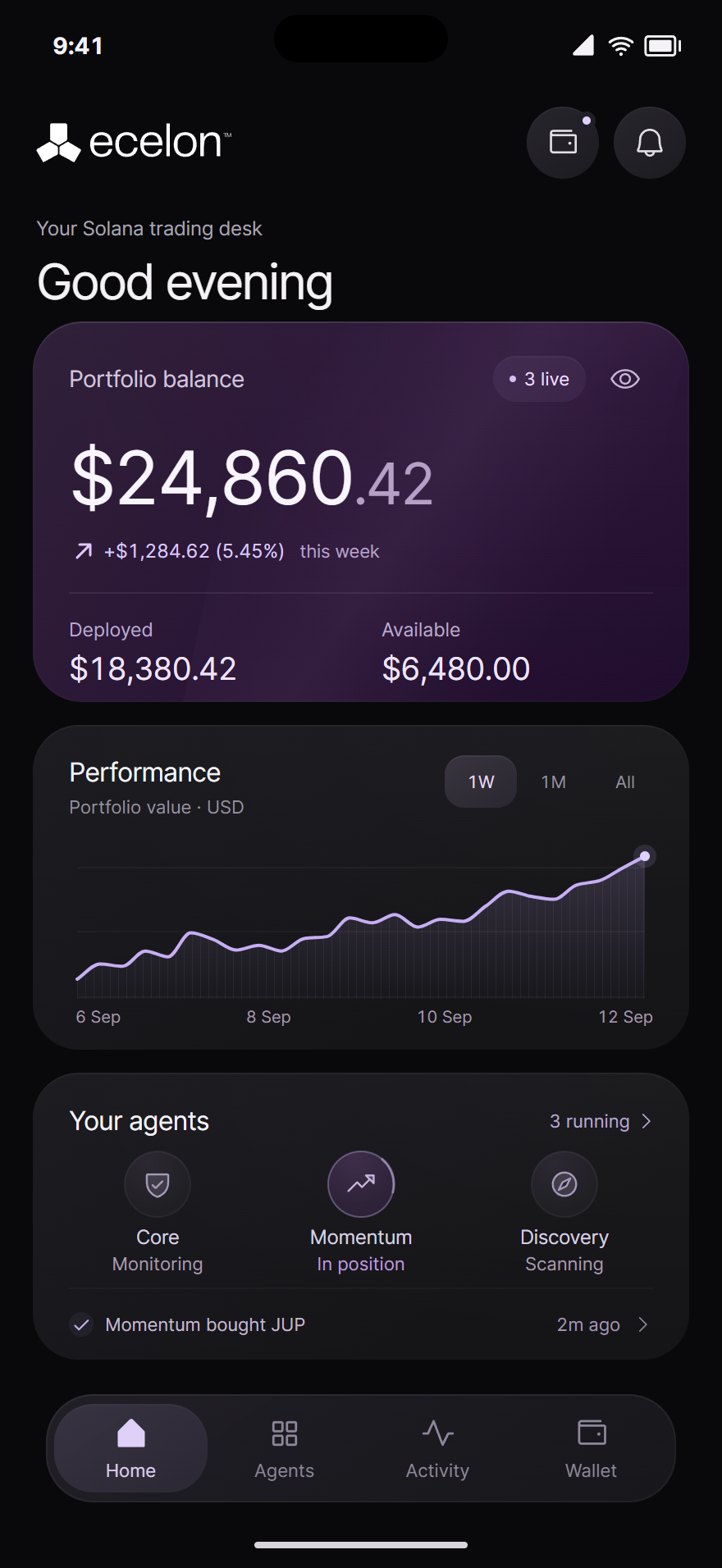 Ecelon app showing portfolio balance, performance and your active agents
